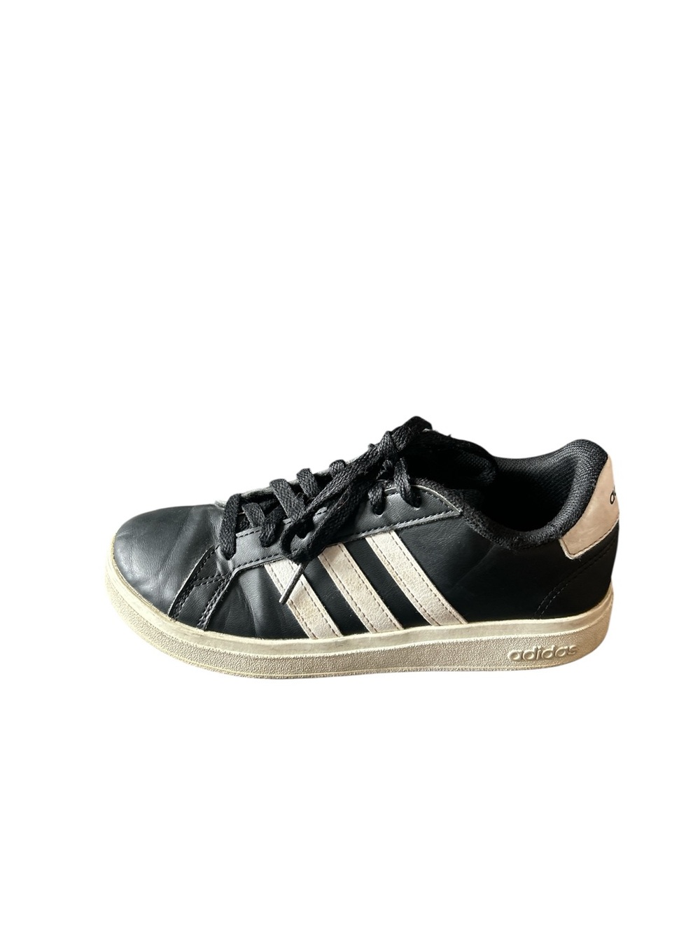 Adidas Kids Black Classic Sneaker with White Stripes and Cream Accents